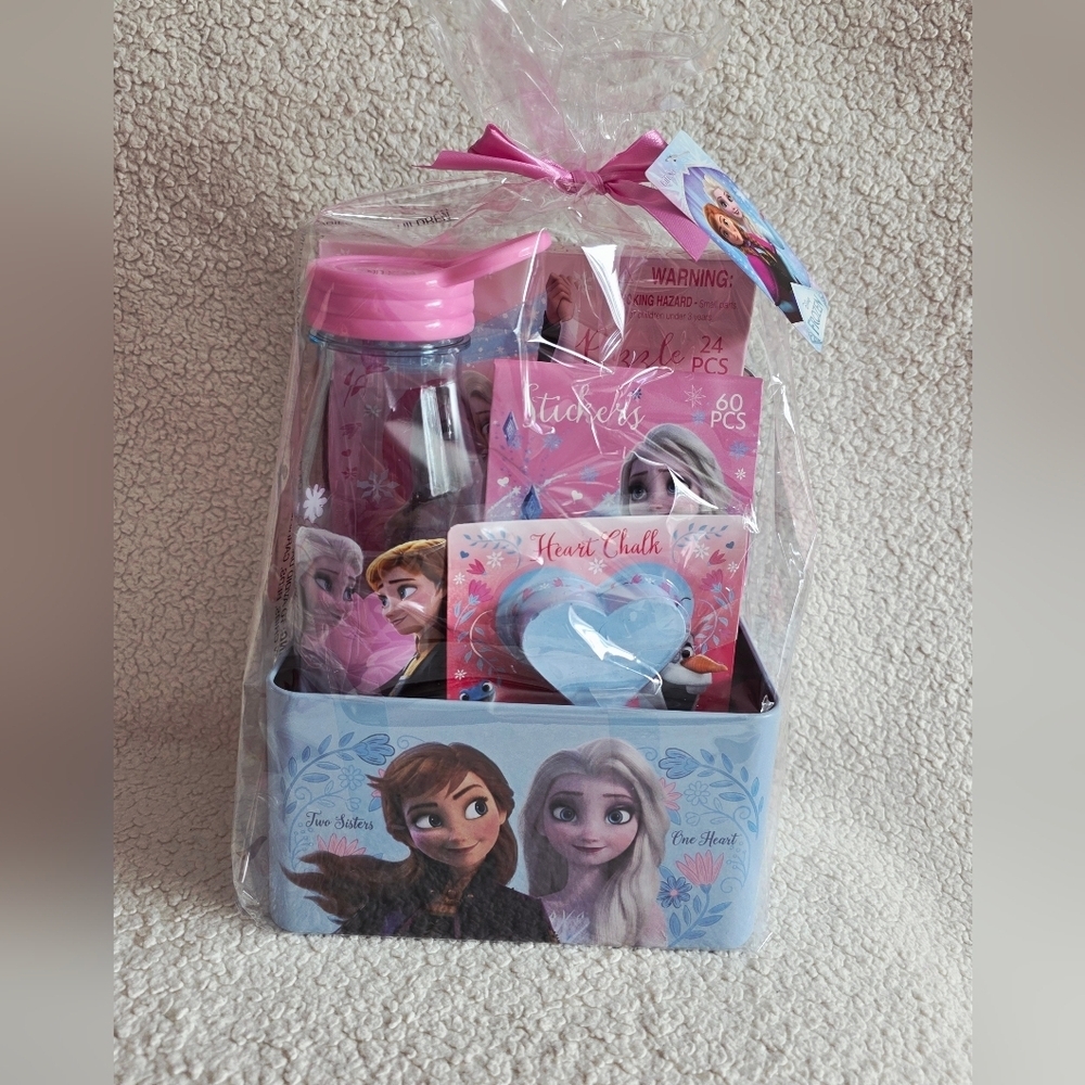 NWT Anna Elsa Disney Frozen Gift Set Basket Puzzle, Stickers, Bottle, Chalk